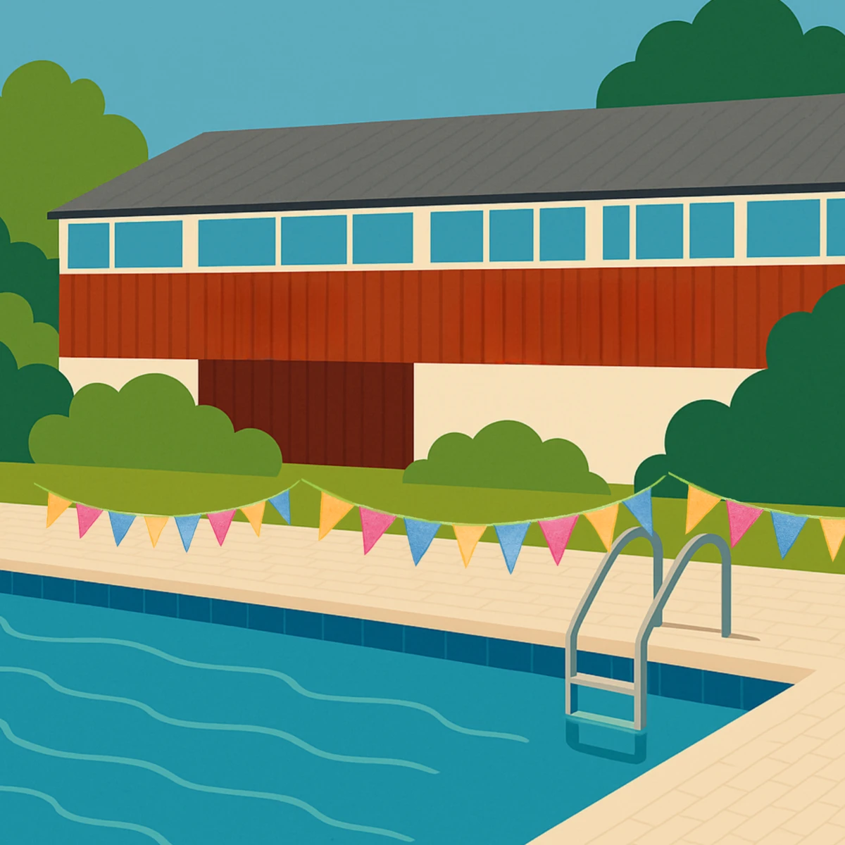 The Meadowbrook pool, community building and bunting